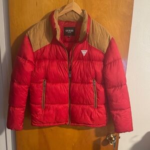 Guess Puffer Jacket Mens Medium Red Zip Pockets